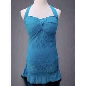 Becca Crochet Swimdress one piece swimsuit Women Plus 0X ruffle teal lace
